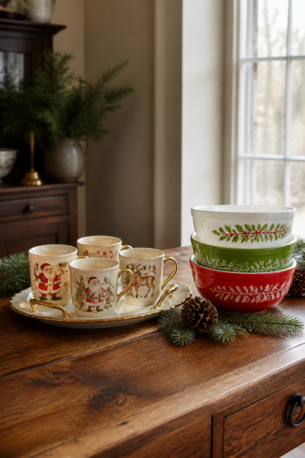 Vintage Christmas Display: Ornaments, Trees, Cards & Ephemera 11 A display of vintage dishware on a farmhouse table.