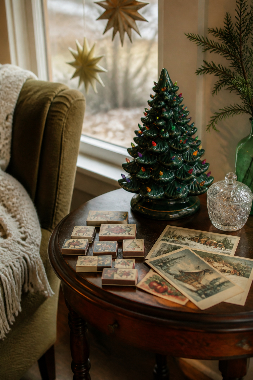 Vintage Christmas Display: Ornaments, Trees, Cards & Ephemera 12 A collection of vintage matchbooks and postcards with a ceramic tree.