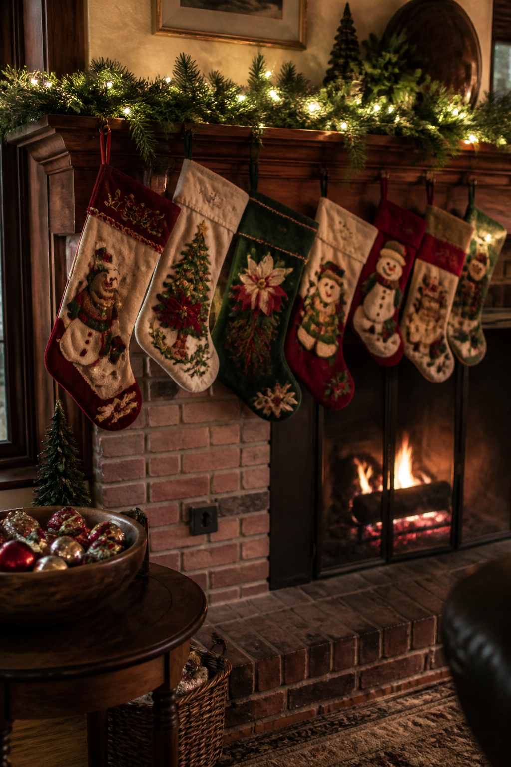 Vintage Christmas Display: Ornaments, Trees, Cards & Ephemera 19 A display of vintage stockings on a wooden mantel.