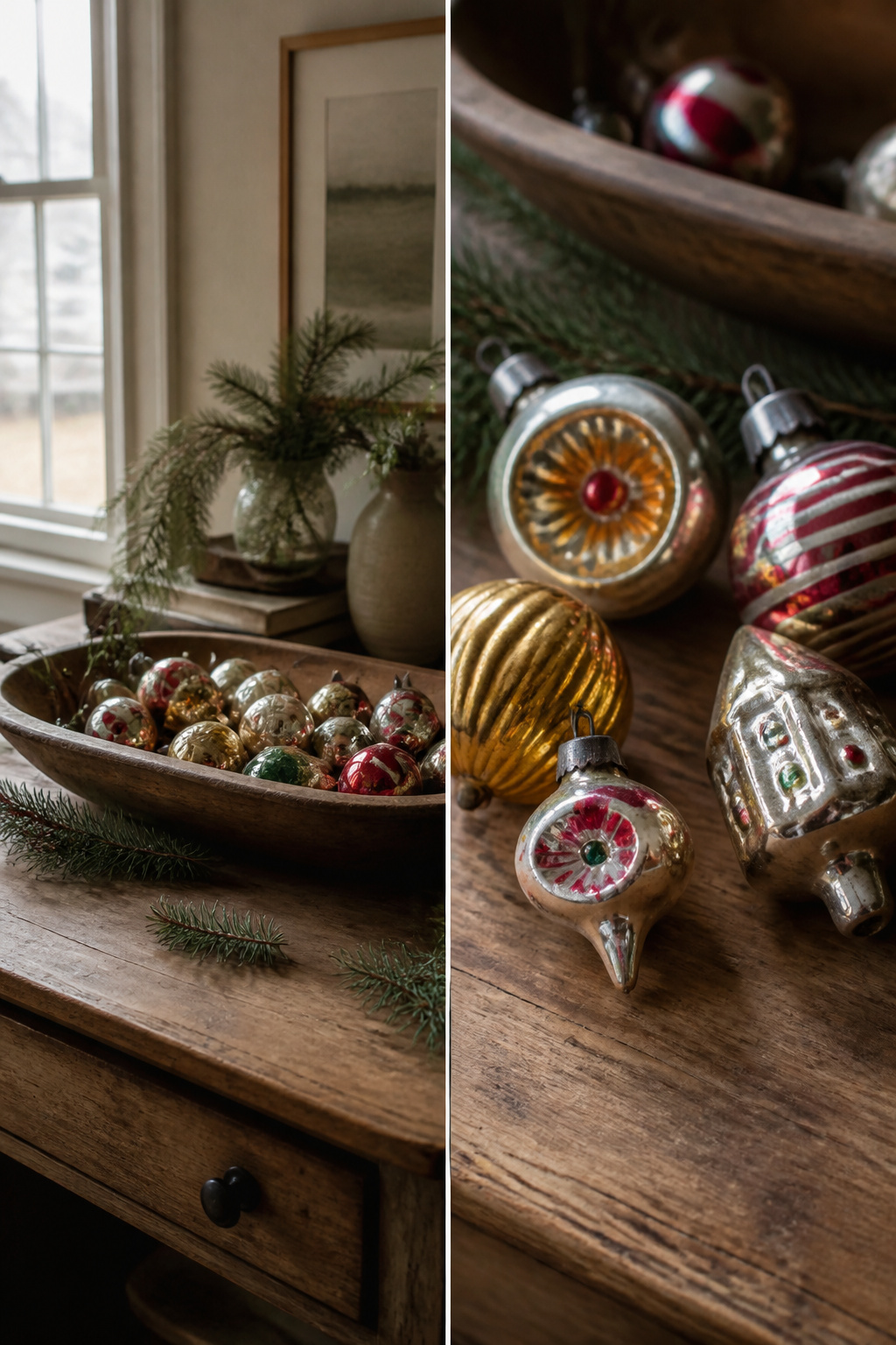 Vintage Christmas Display: Ornaments, Trees, Cards & Ephemera 21 A collection of vintage glass figurals and ornaments.