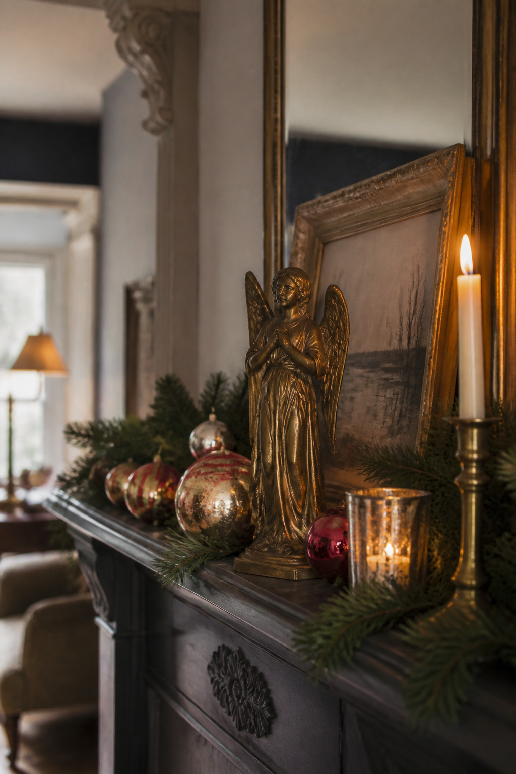 Vintage Christmas Display: Ornaments, Trees, Cards & Ephemera 24 A display of nostalgic heirlooms on a mantel.