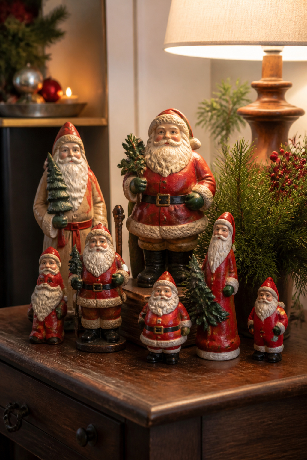 Vintage Christmas Display: Ornaments, Trees, Cards & Ephemera 3 A selection of Santa figurines in different sizes on a shelf.