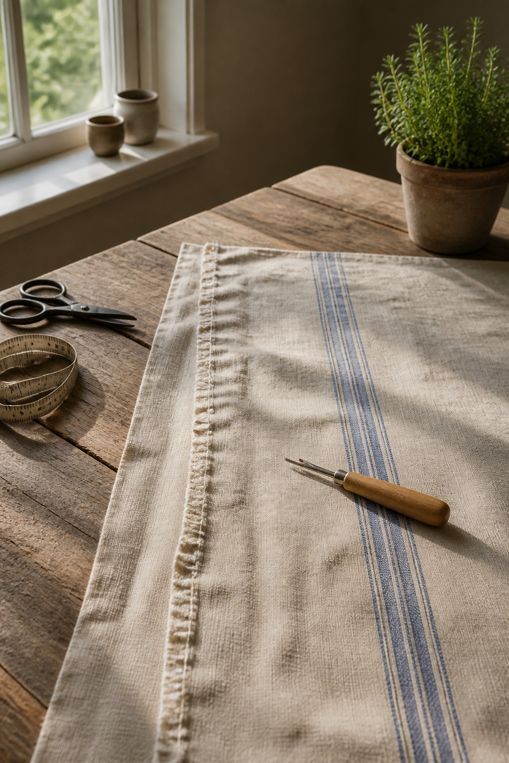 Vintage Grain Sack Table Runner: Methods, Materials and Sources 2 A grain sack laid on a wooden table with a seam ripper above it.