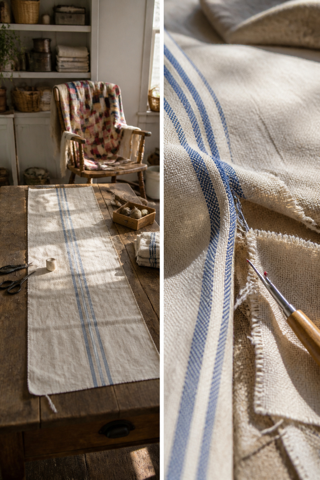 Vintage Grain Sack Table Runner: Methods, Materials and Sources 4 A grain sack being pulled apart to expose the seam for cutting.