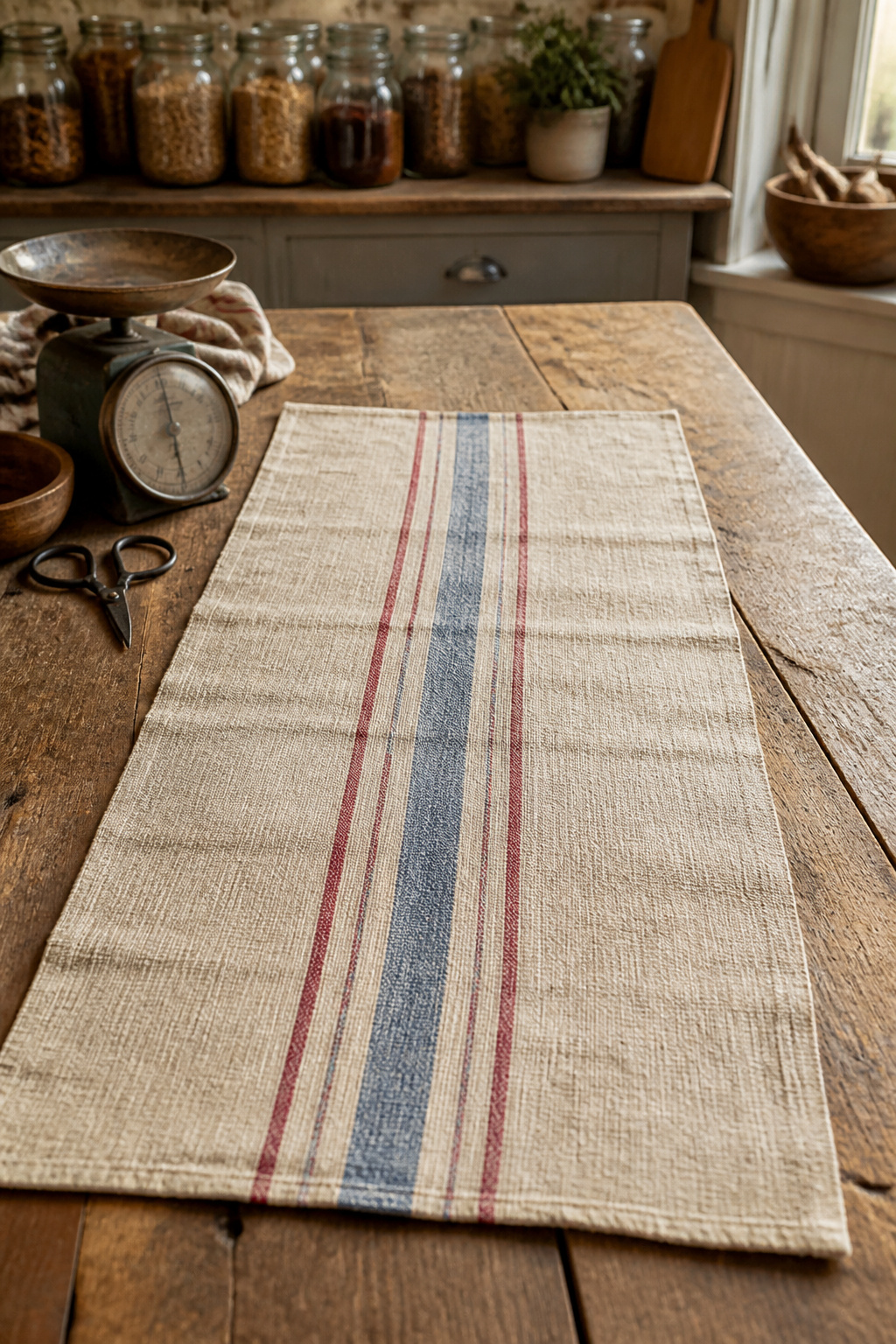 Vintage Grain Sack Table Runner: Methods, Materials and Sources 7 A close-up of an antique grain sack with blue, red, and tan stripes.