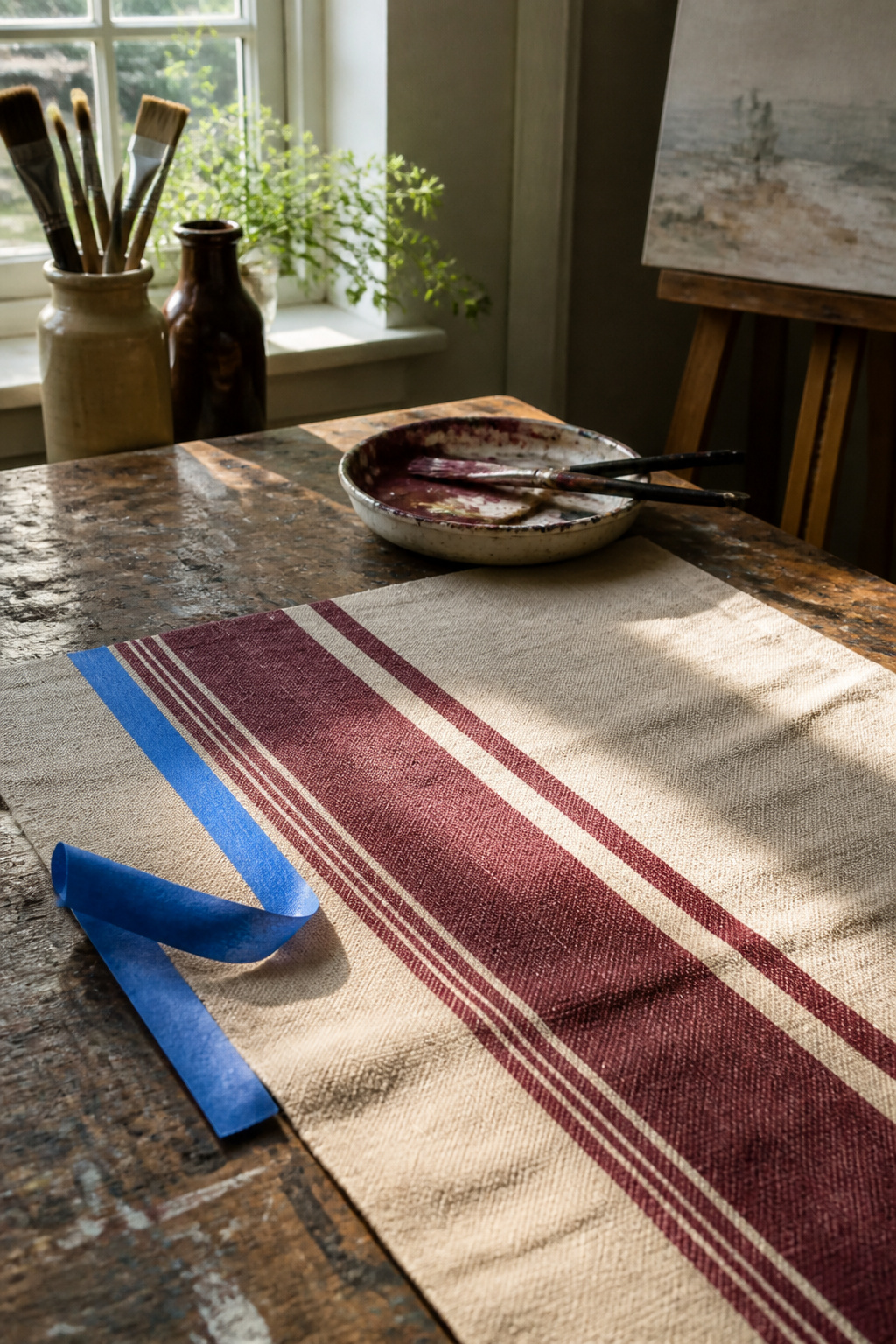 Vintage Grain Sack Table Runner: Methods, Materials and Sources 9 Close-up of a painted canvas drop cloth with maroon stripes.