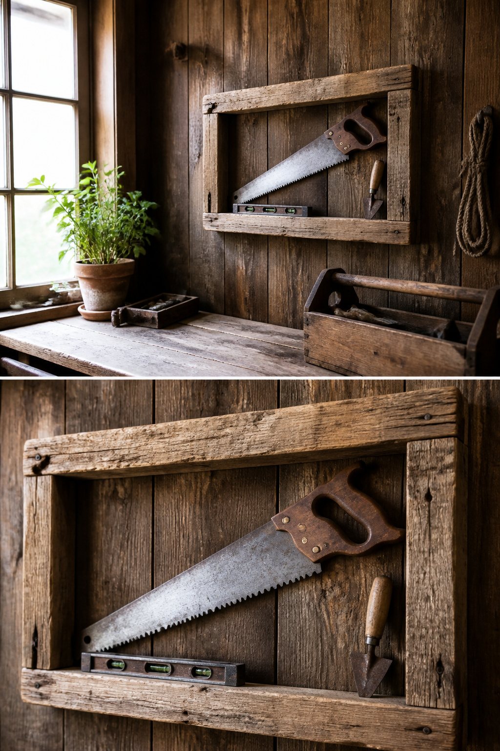 Vintage Tool Decor: Ideas for Flower Displays, Frames and Garden Art 2 A handsaw and smaller tools framed in a rustic pallet wood display.