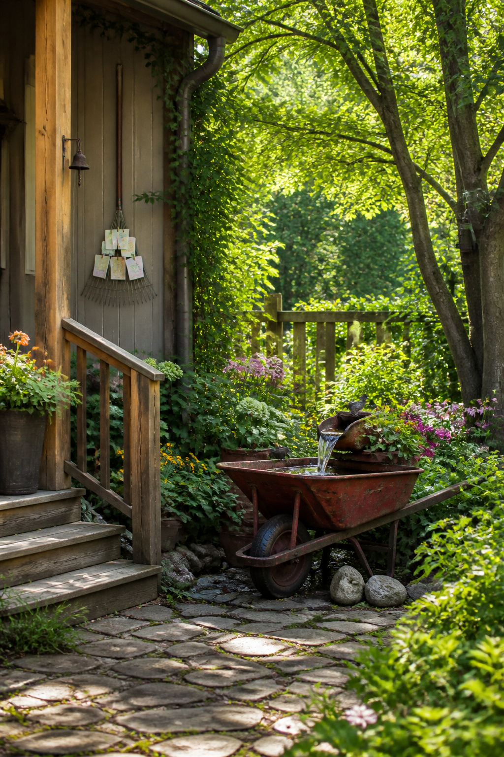 Vintage Tool Decor: Ideas for Flower Displays, Frames and Garden Art 3 A converted wheelbarrow fountain with a submersible pump.