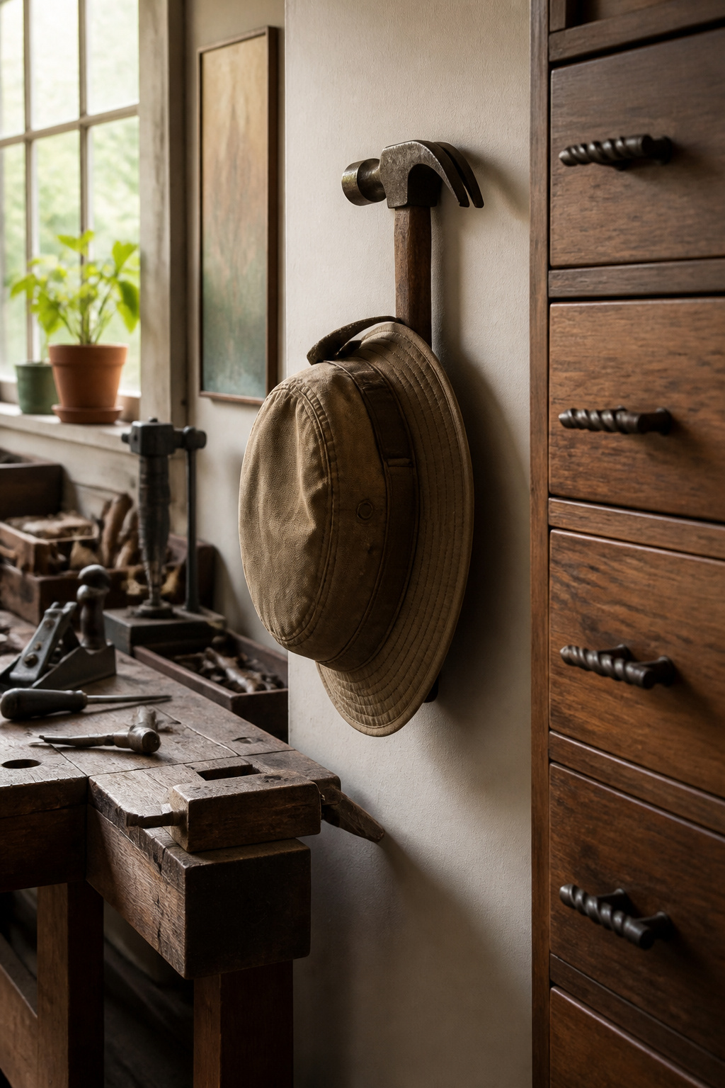 Vintage Tool Decor: Ideas for Flower Displays, Frames and Garden Art 4 A mounted hammer holding a garden hat on a wooden wall.