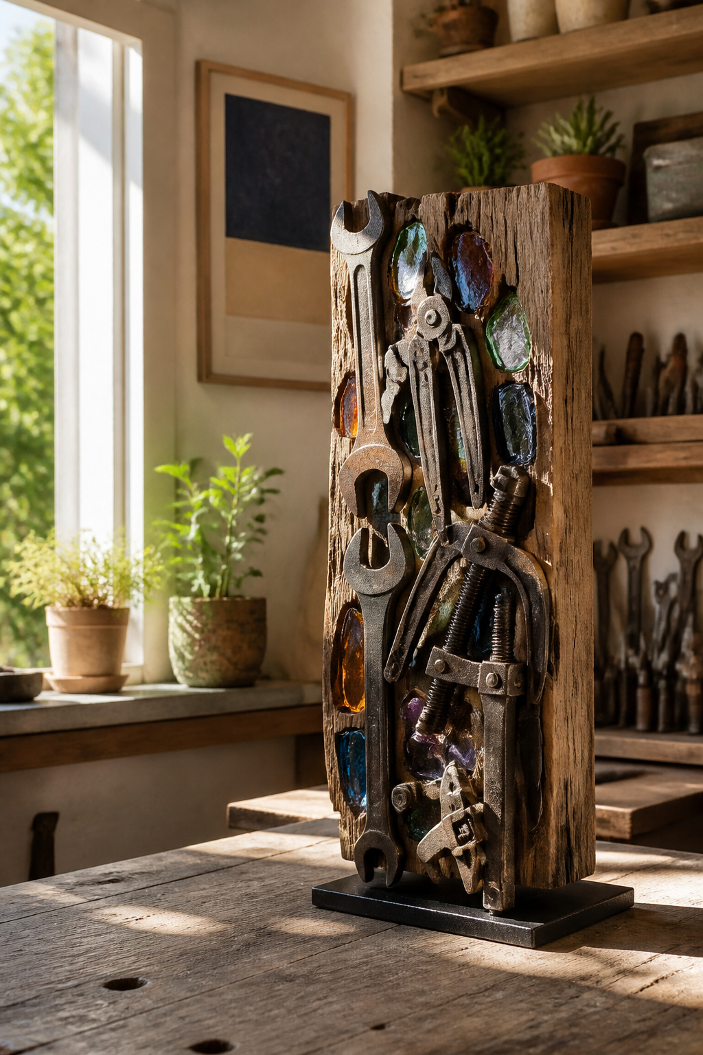 Vintage Tool Decor: Ideas for Flower Displays, Frames and Garden Art 5 A mixed-media sculpture made from wrenches and scrap glass.