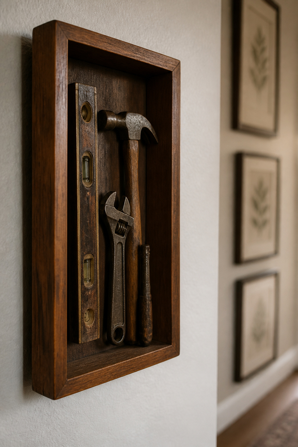Vintage Tool Decor: Ideas for Flower Displays, Frames and Garden Art 6 A shadow box containing vintage tools and a small photo.