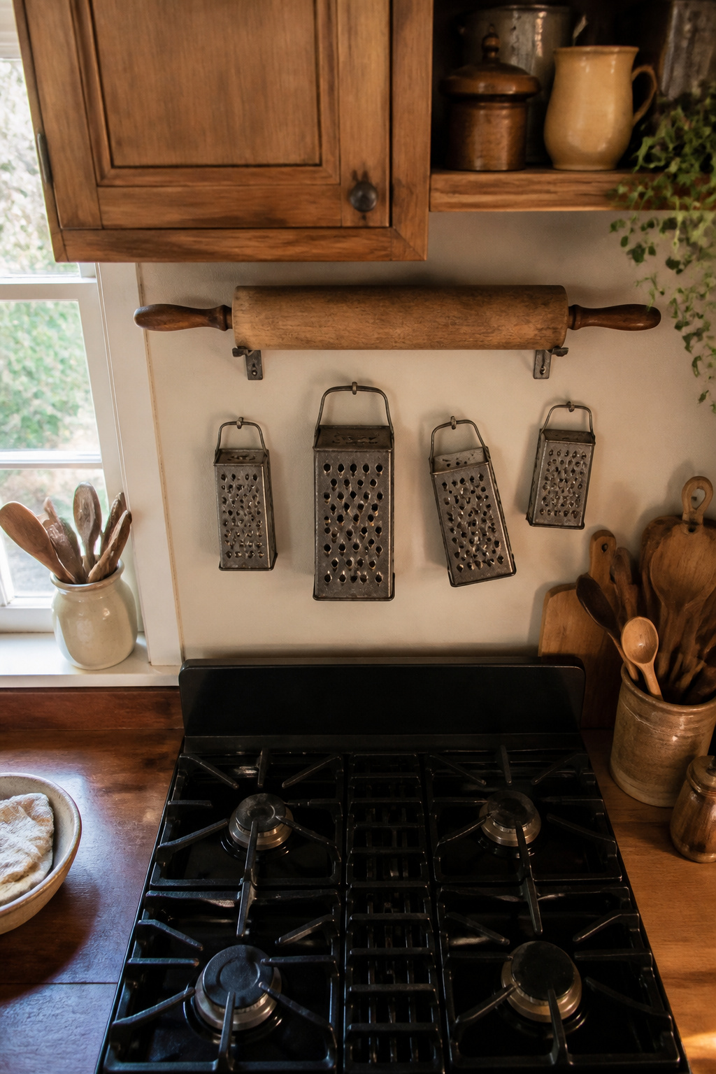 Vintage Tool Decor: Ideas for Flower Displays, Frames and Garden Art 7 A rolling pin used as a shelf and graters hung on the wall.