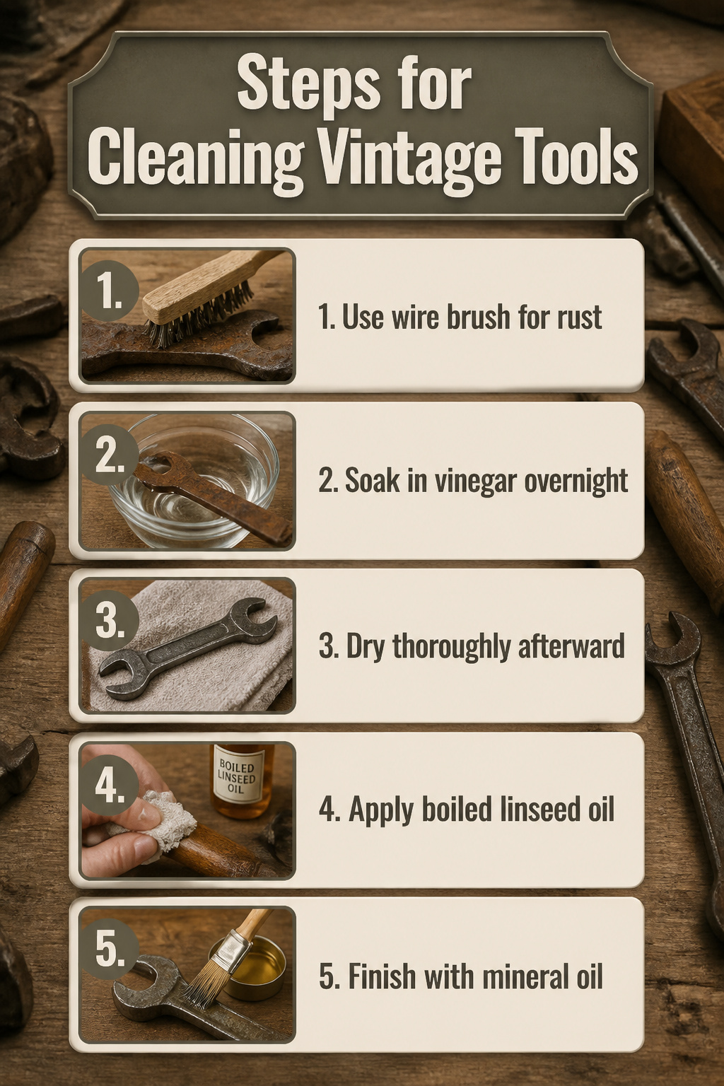 Vintage Tool Decor: Ideas for Flower Displays, Frames and Garden Art 8 Instructions for cleaning vintage tools displayed visually.