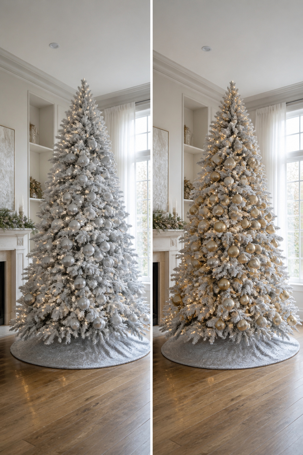 A flocked Christmas tree showcasing white, silver, and gold decorations.