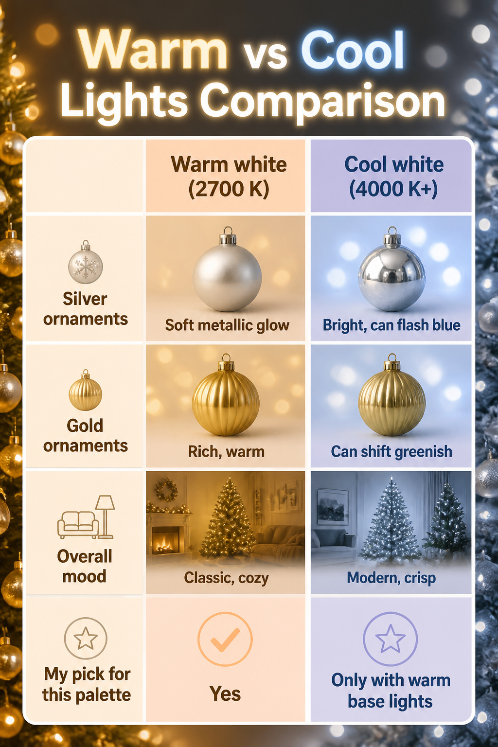 A comparison of warm and cool lights on Christmas ornaments.