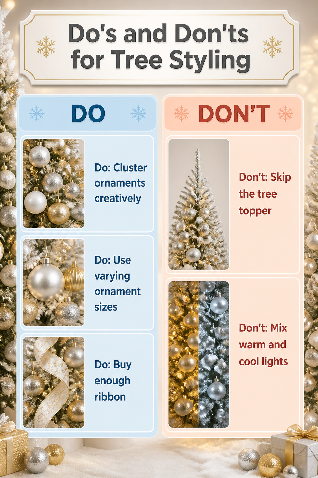 Guidance on styling a Christmas tree with varied ornaments.