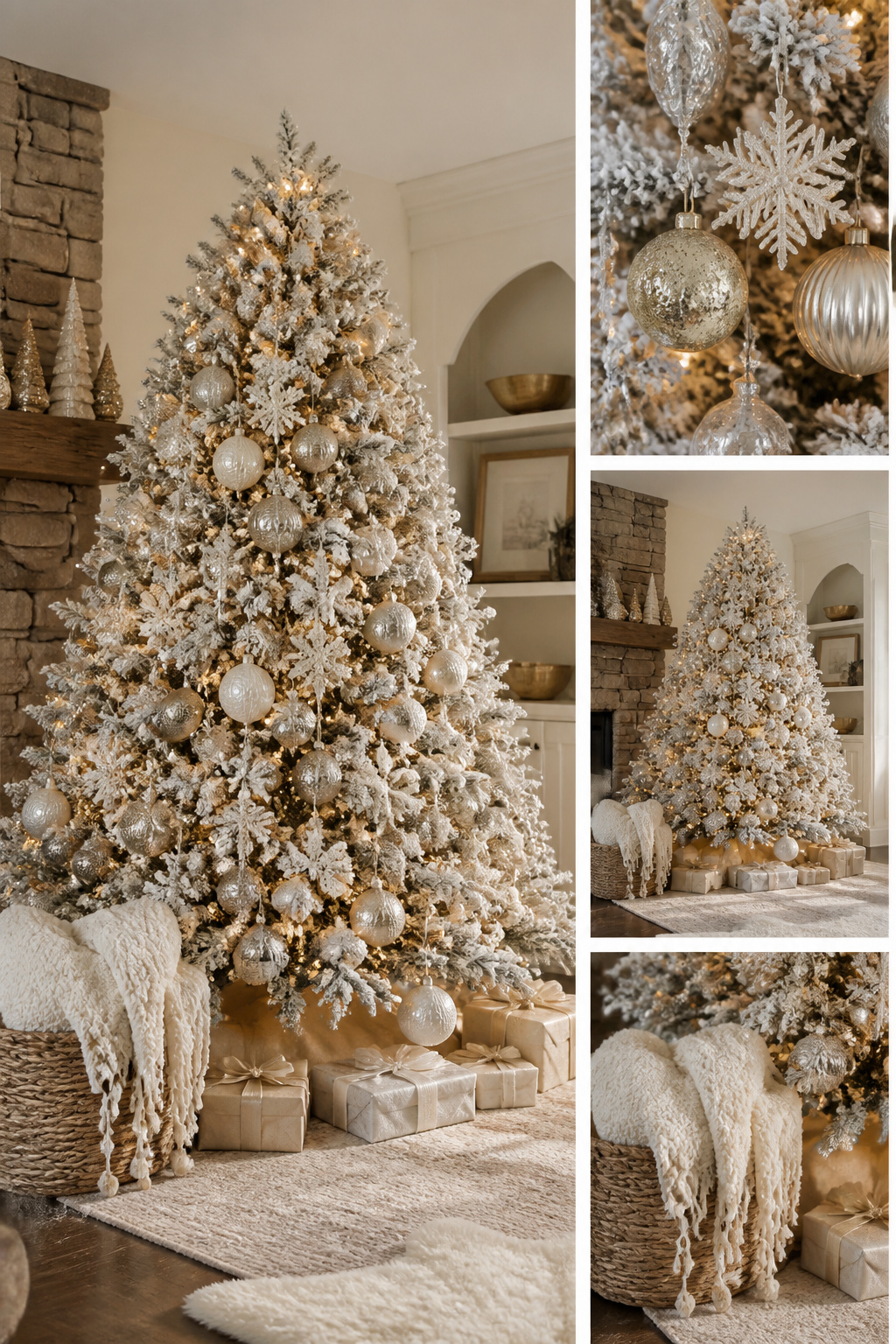 Various ornaments on a Christmas tree with white, silver, and gold colors.