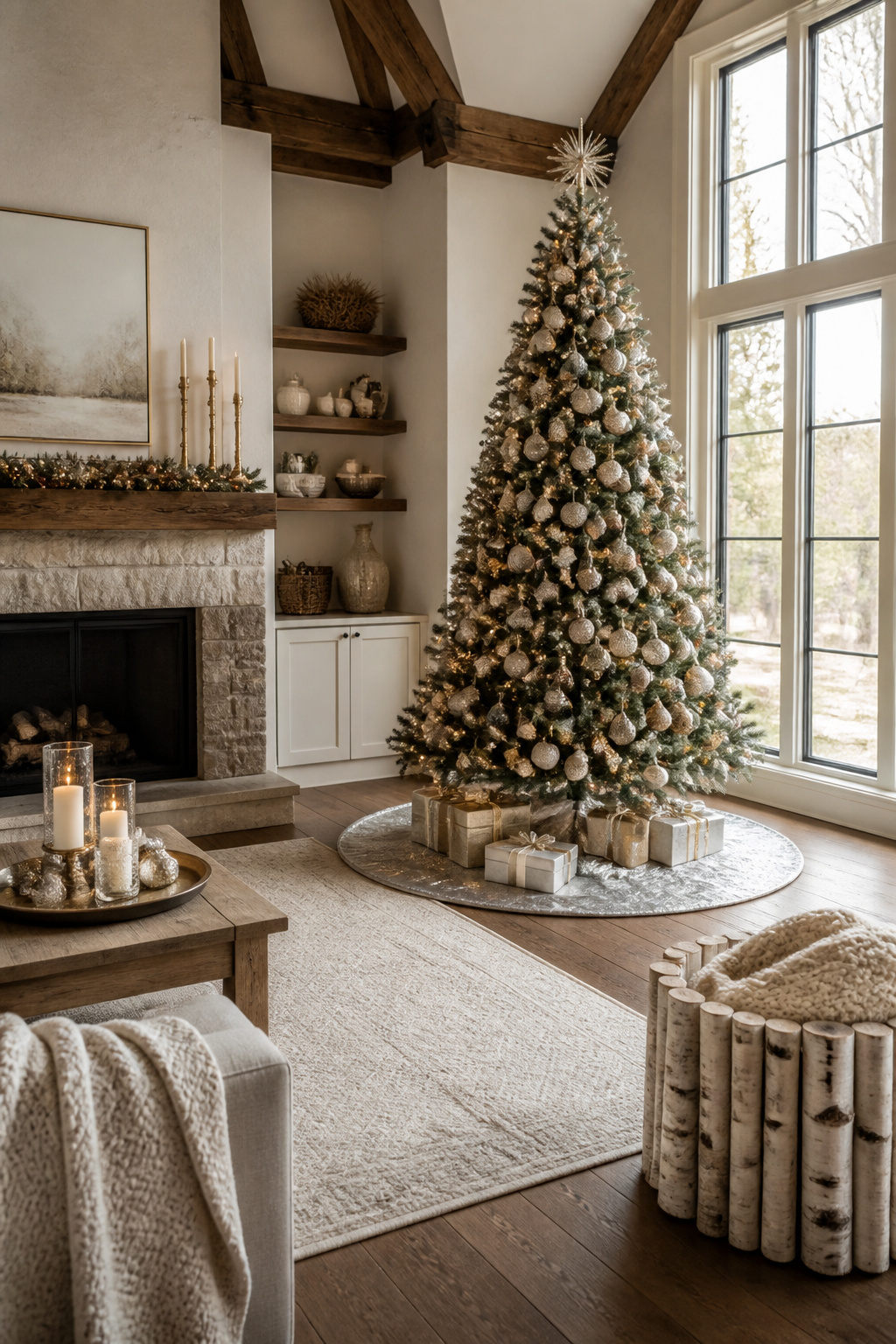 A Christmas tree with a silver-tinged skirt and presents underneath.
