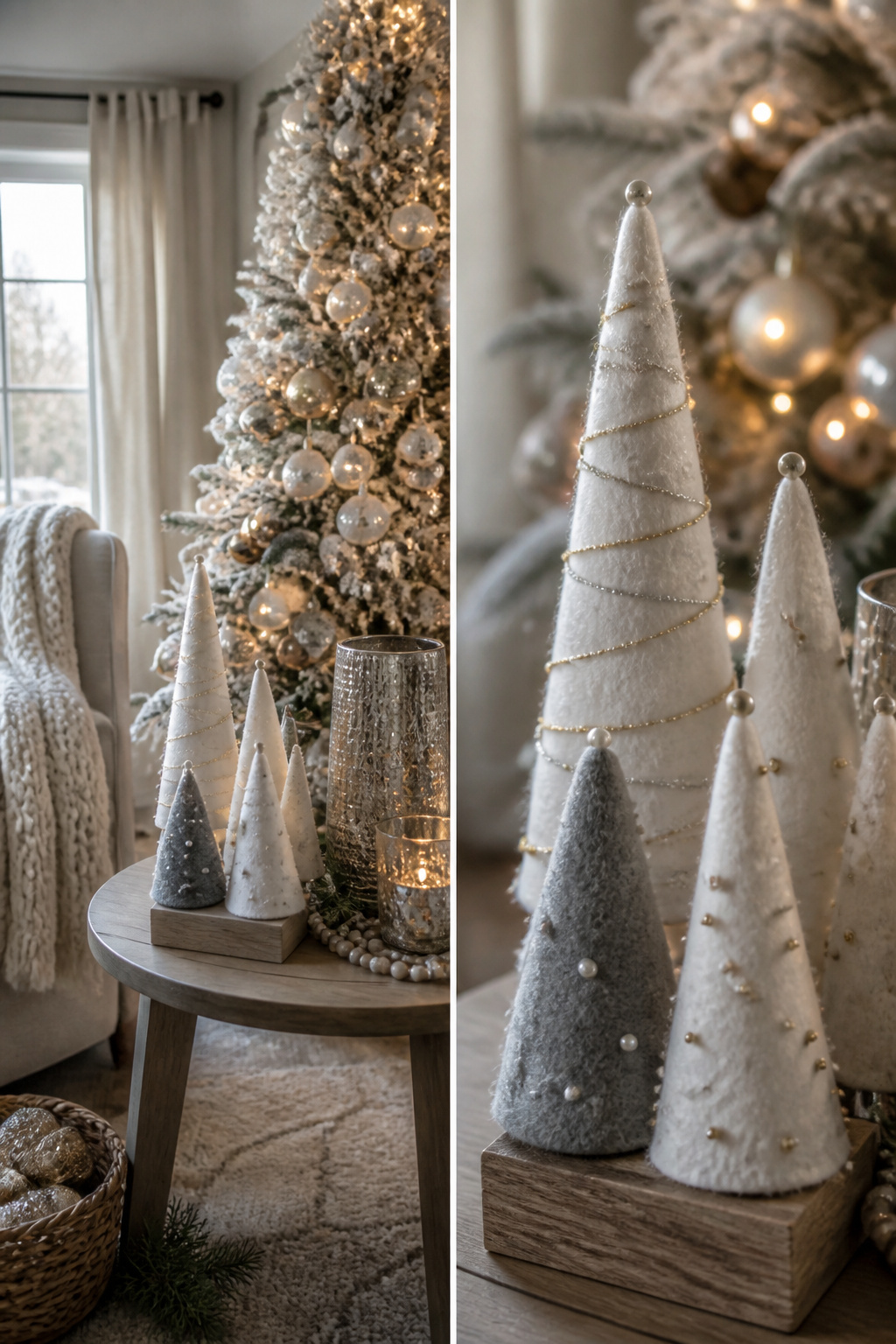 Handmade decorations and banners on a Christmas tree.