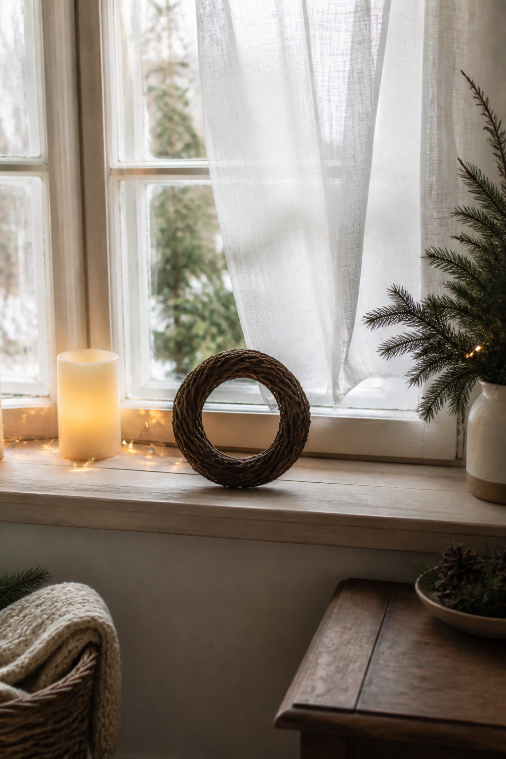 10 Christmas Window Sill Decorations for 2026: A Complete Guide 1 A grapevine wreath and fairy lights on a light-colored window sill.