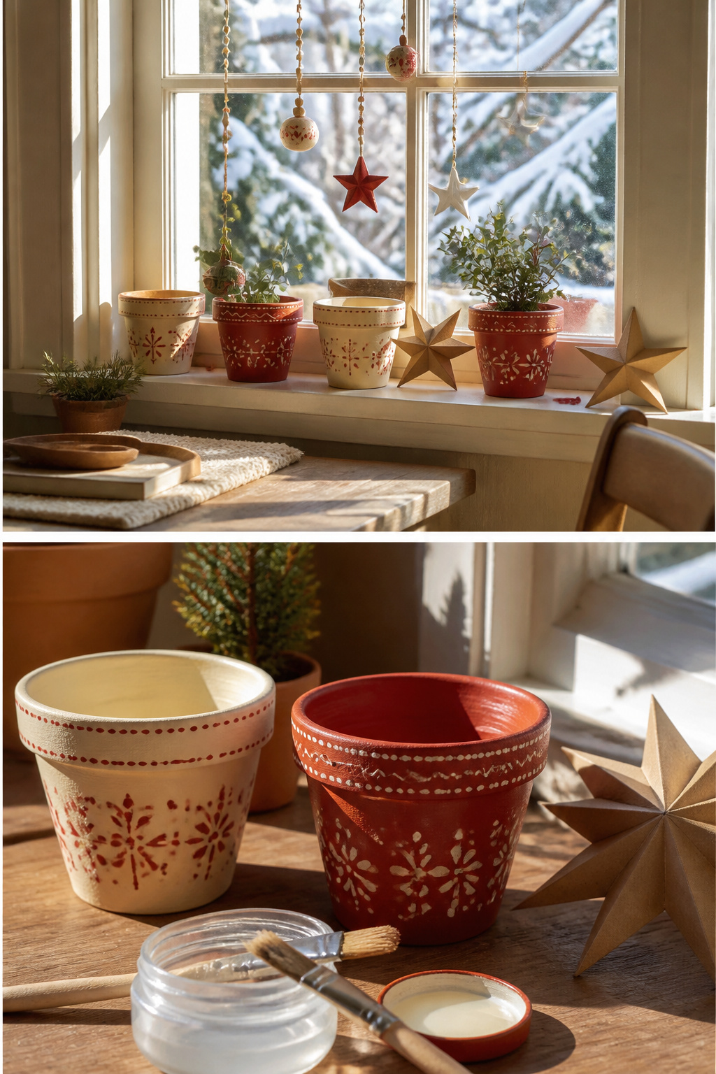 10 Christmas Window Sill Decorations for 2026: A Complete Guide 11 Colorfully painted terracotta pots placed on a window sill.