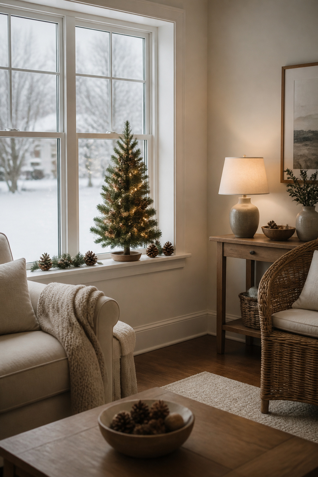 10 Christmas Window Sill Decorations for 2026: A Complete Guide 2 A small artificial Christmas tree on a window sill with a weighted base.