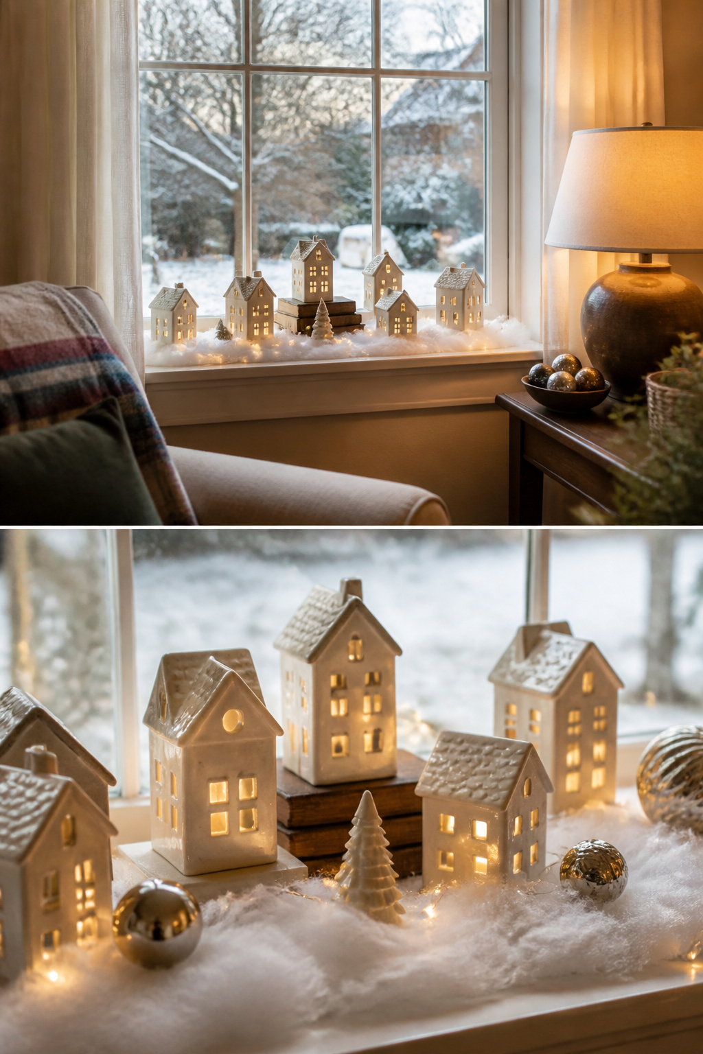 10 Christmas Window Sill Decorations for 2026: A Complete Guide 5 A Christmas village with stacked buildings on a window sill.