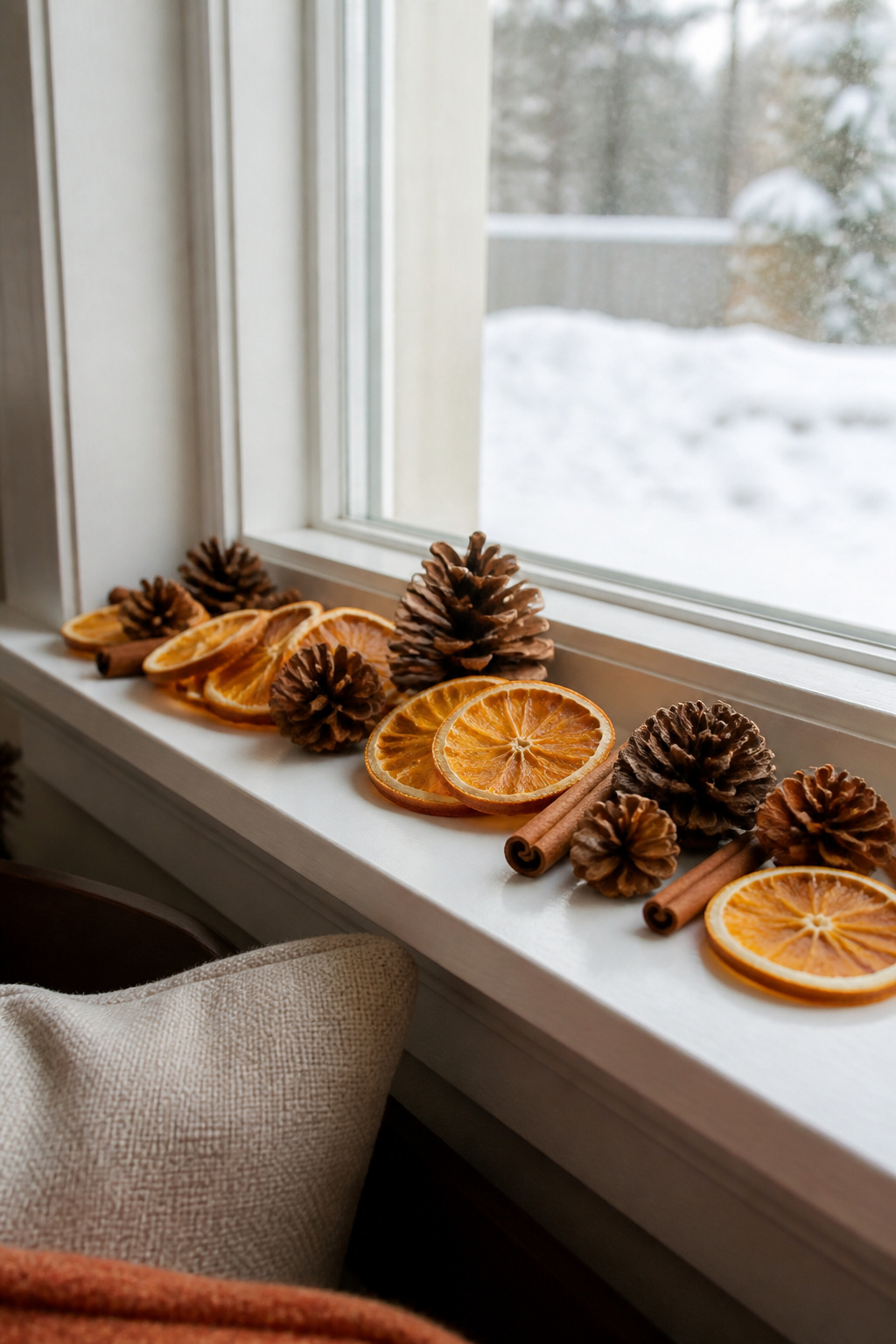 10 Christmas Window Sill Decorations for 2026: A Complete Guide 8 A display of dried orange slices and pine cones on a window sill.
