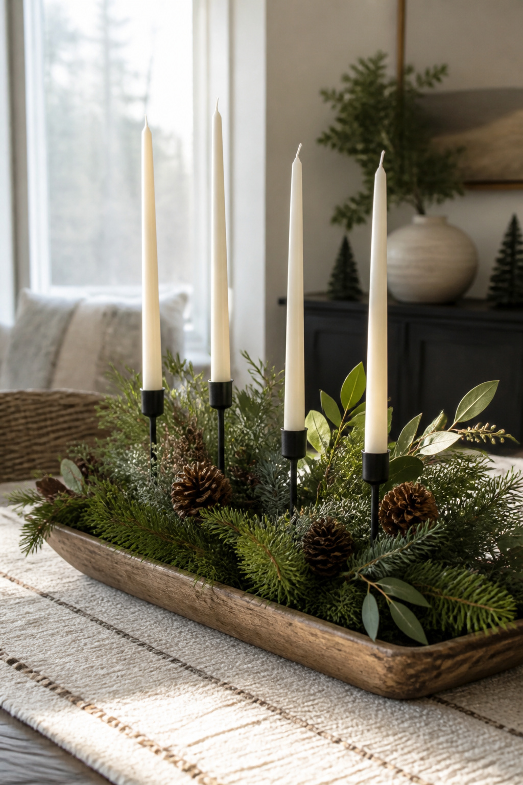 10 Winter Crafts for Adults to Make in 2026 10 A centerpiece with candles and pinecones arranged on a tray.