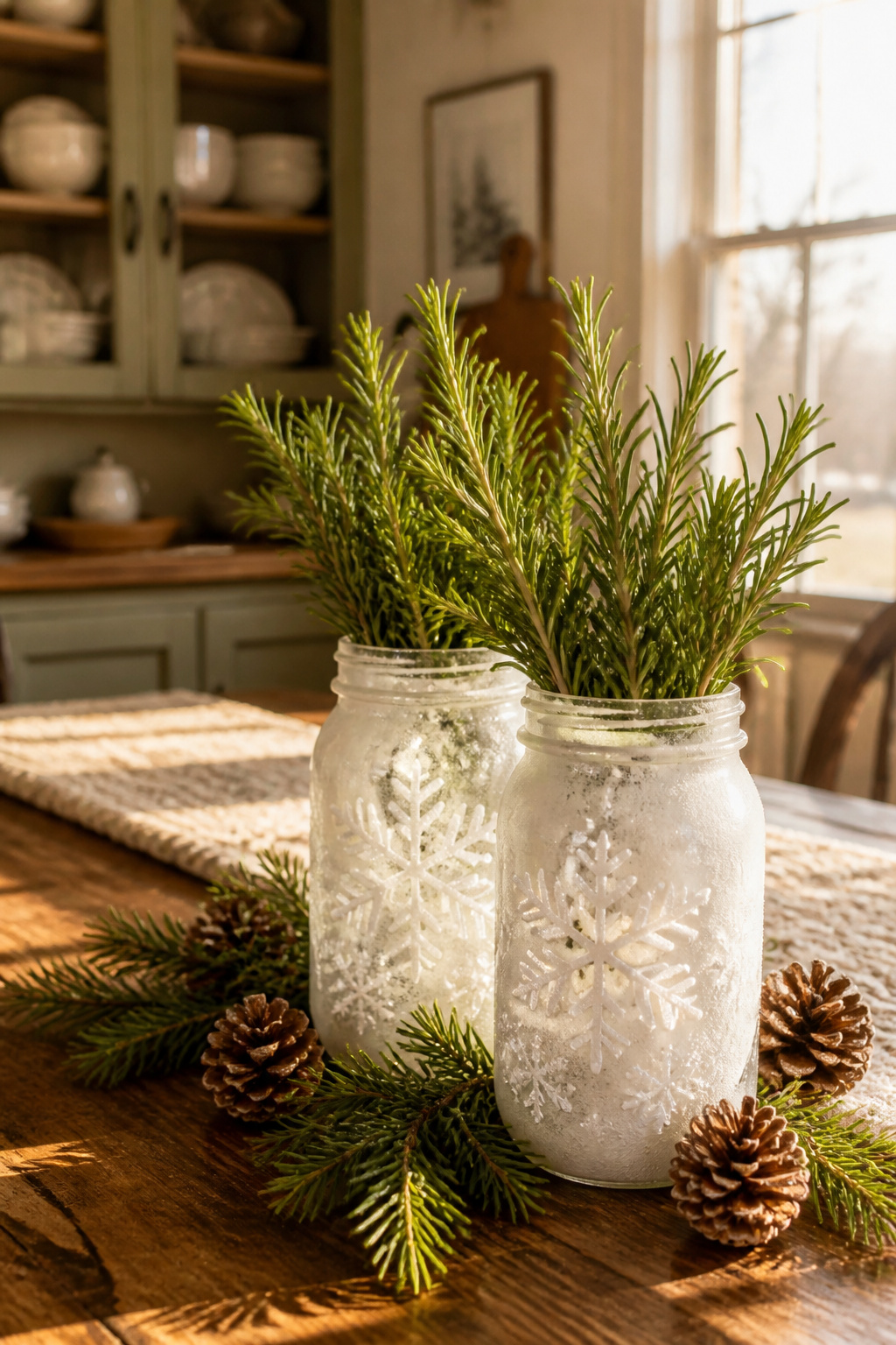 10 Winter Crafts for Adults to Make in 2026 5 Mason jars decorated with a snowflake pattern using spray paint.
