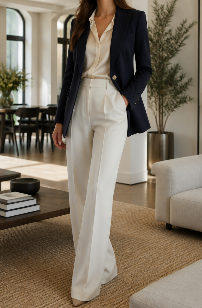 10 Color Pairings That Make Any Outfit Look More Editorial (2026) 8 Model in navy blazer and cream blouse in a living space.