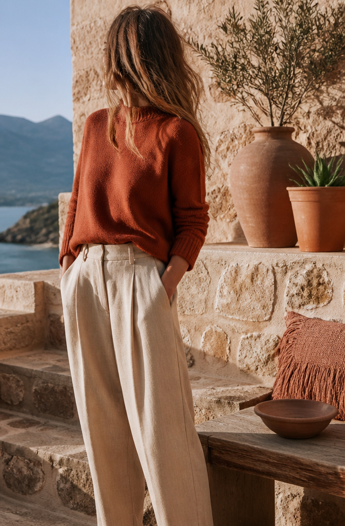 10 Color Pairings That Make Any Outfit Look More Editorial (2026) 9 Model in terracotta sweater and stone trousers on a terrace.