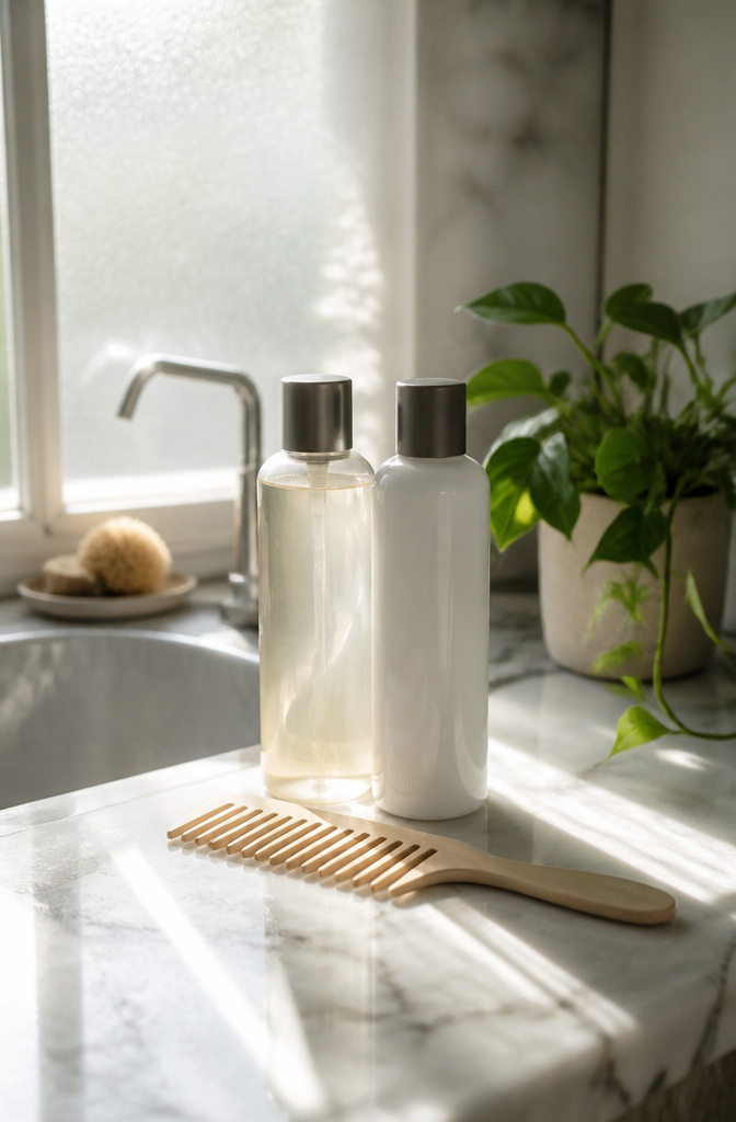 Guide to Thin Hair: Care, Styling and Volume for Fine Strands 2 Volumizing shampoo and conditioner bottles on a marble countertop.
