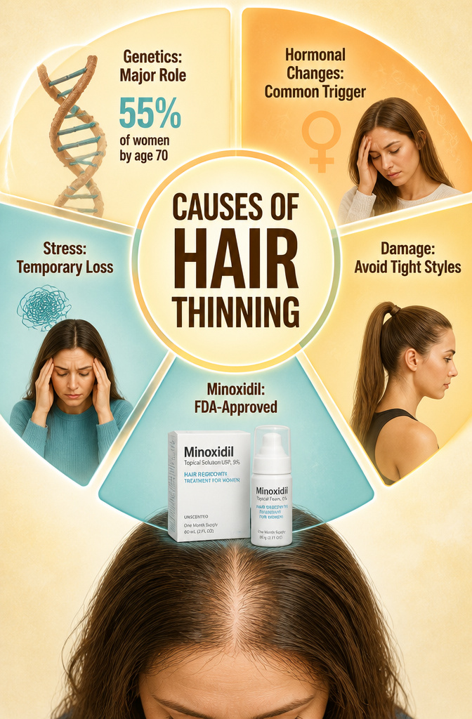 Guide to Thin Hair: Care, Styling and Volume for Fine Strands 11 An infographic detailing the causes of hair thinning.