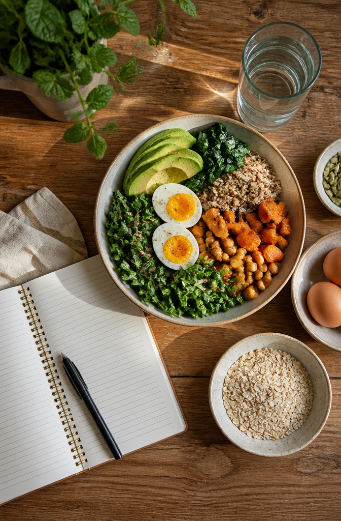 Guide to Thin Hair: Care, Styling and Volume for Fine Strands 13 A balanced plate of food representing diet for healthy hair.