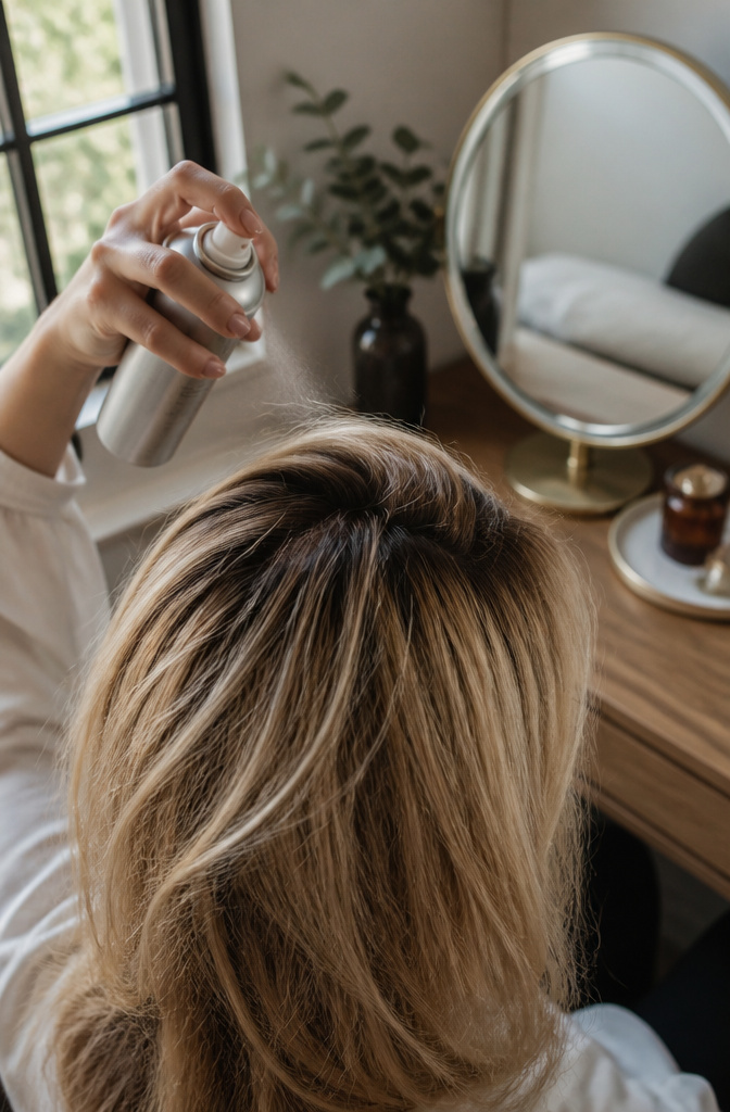 Guide to Thin Hair: Care, Styling and Volume for Fine Strands 3 A hand holds a canister of dry shampoo above tousled hair.