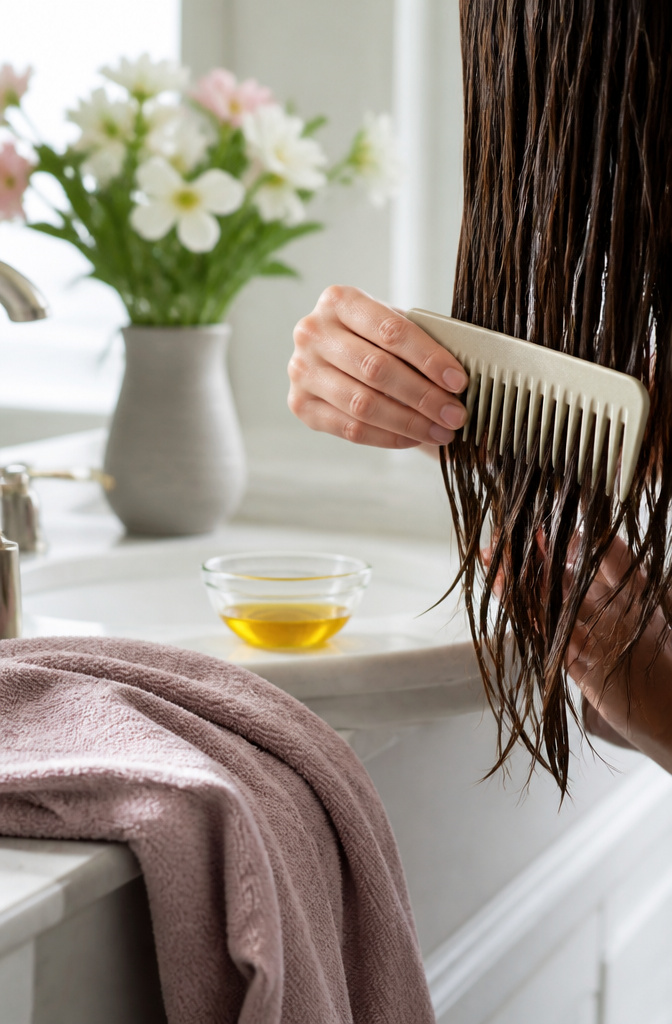 Guide to Thin Hair: Care, Styling and Volume for Fine Strands 4 A wide-toothed comb gliding through wet hair in a bright bathroom.
