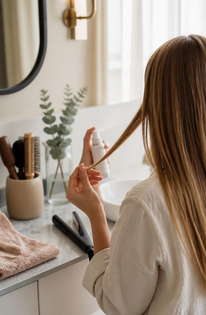 Guide to Thin Hair: Care, Styling and Volume for Fine Strands 6 A lightweight heat protectant spray on a marble countertop with styling tools.