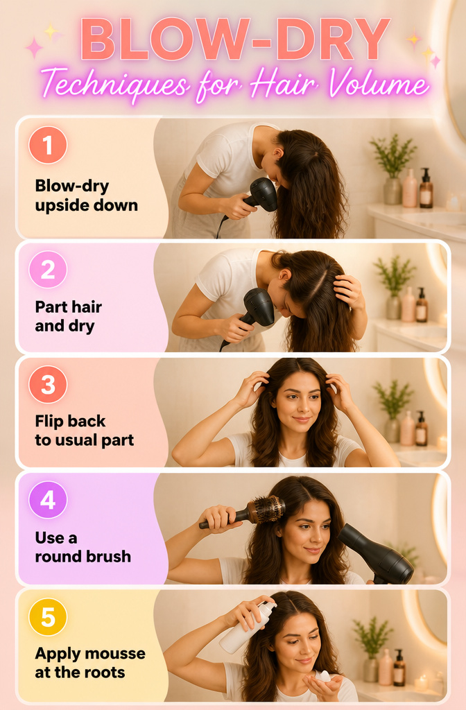 Guide to Thin Hair: Care, Styling and Volume for Fine Strands 8 An illustration of blow-dry techniques for adding volume to hair.