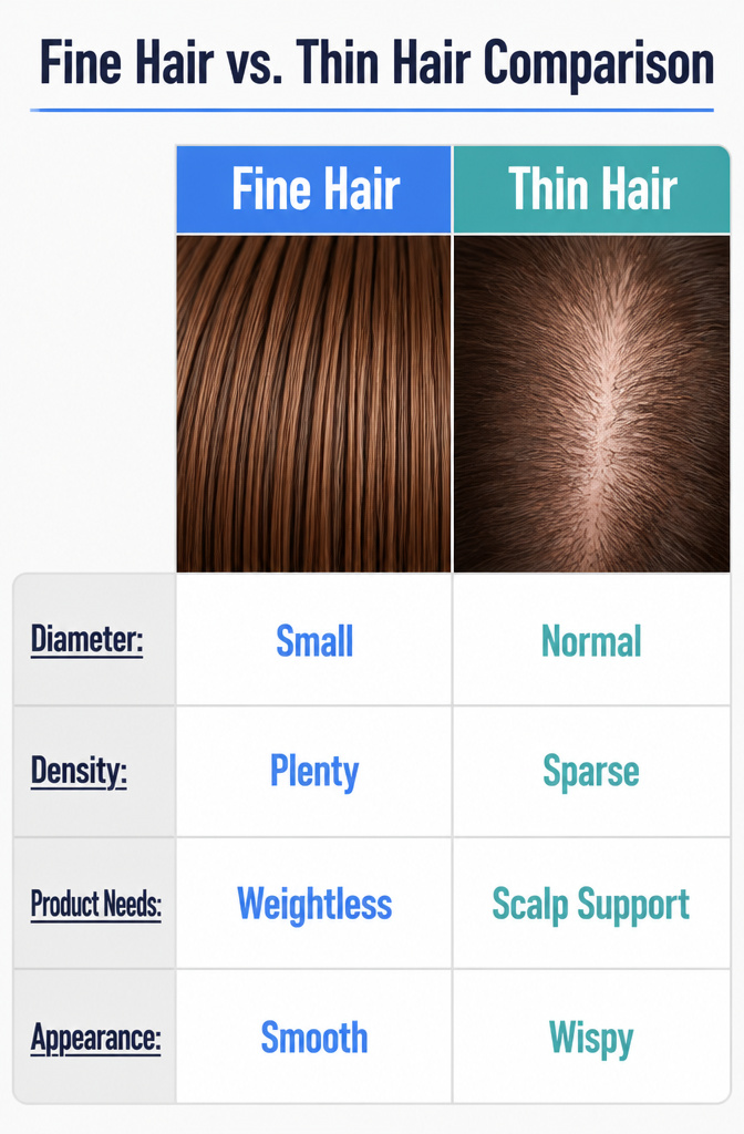 Guide to Thin Hair: Care, Styling and Volume for Fine Strands 10 A comparison image illustrating fine hair versus thin hair.