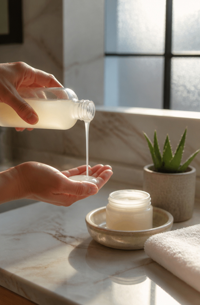 How to Get Curly Hair: 12 Steps for Straight, Wavy and Natural Texture 2 Translucent bottles of moisturizing shampoo and conditioner on a marble countertop.