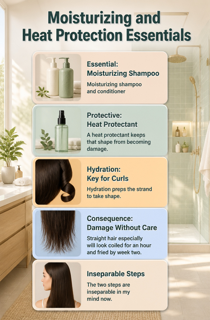 How to Get Curly Hair: 12 Steps for Straight, Wavy and Natural Texture 14 Image of moisturizing shampoo and conditioner on a bathroom shelf.