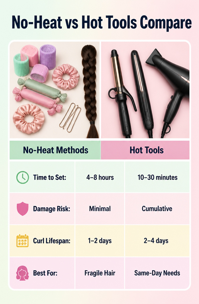 How to Get Curly Hair: 12 Steps for Straight, Wavy and Natural Texture 16 A comparison of no-heat and hot tool methods for curls.