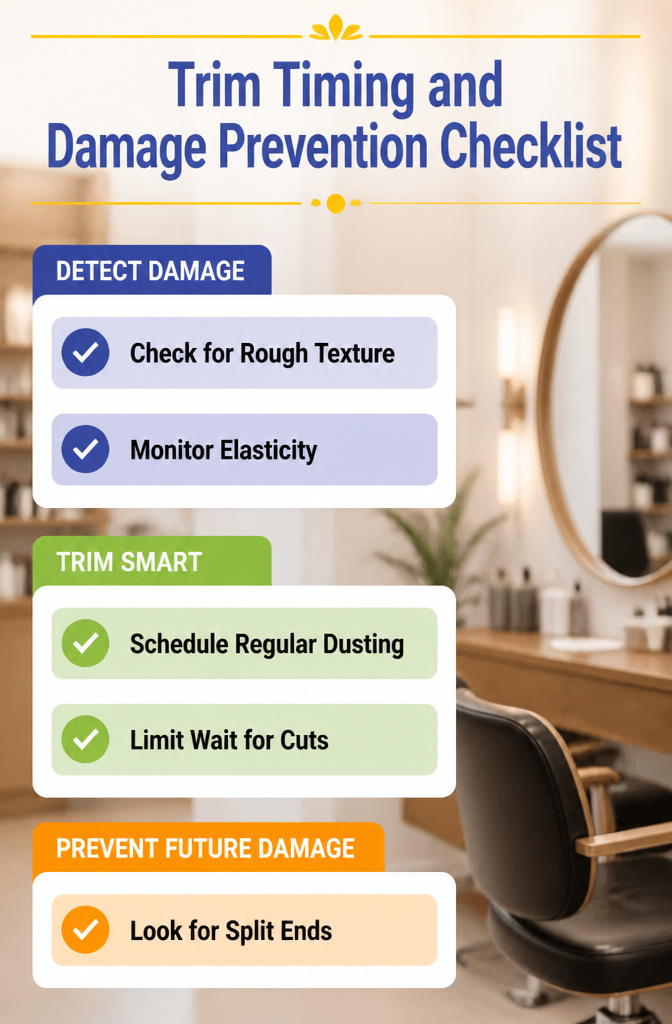 How to Get Curly Hair: 12 Steps for Straight, Wavy and Natural Texture 17 A checklist for trim timing and damage prevention on a clipboard.