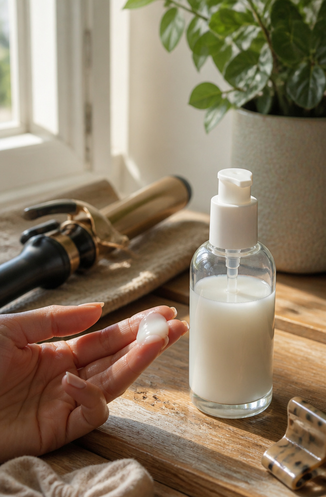 How to Get Curly Hair: 12 Steps for Straight, Wavy and Natural Texture 3 A modern glass bottle of leave-in conditioner on a rustic wooden vanity.