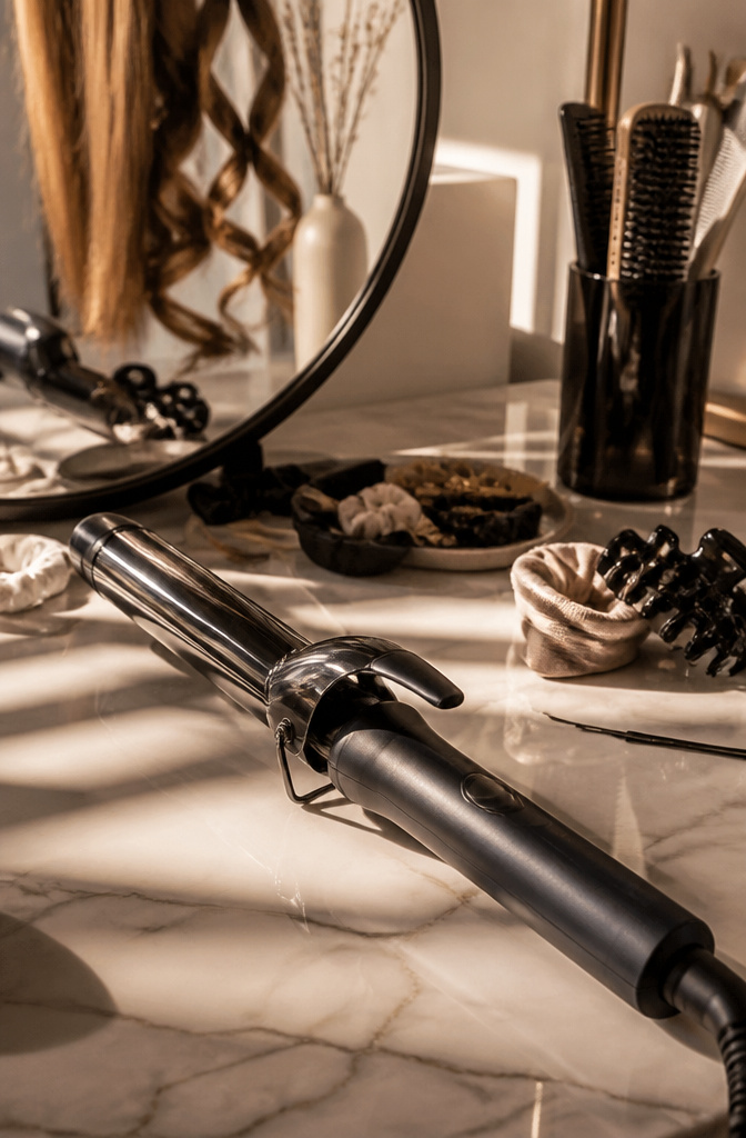 How to Get Curly Hair: 12 Steps for Straight, Wavy and Natural Texture 5 A curling iron placed on a counter next to hair products.