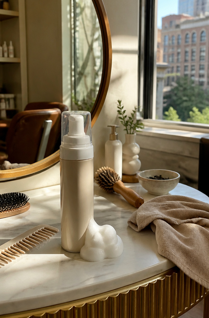 How to Get Curly Hair: 12 Steps for Straight, Wavy and Natural Texture 9 A bottle of curl-enhancing styling foam on a salon vanity.