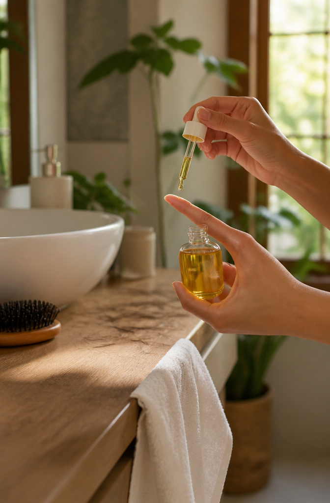 How to Get Curly Hair: 12 Steps for Straight, Wavy and Natural Texture 10 A slender bottle of nourishing hair oil held in a hand.