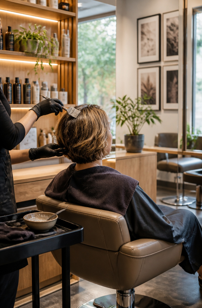 How Much for a Perm? 8 Hair Types and 2026 Prices 2 Stylist working on a client's short, textured bob in a salon.