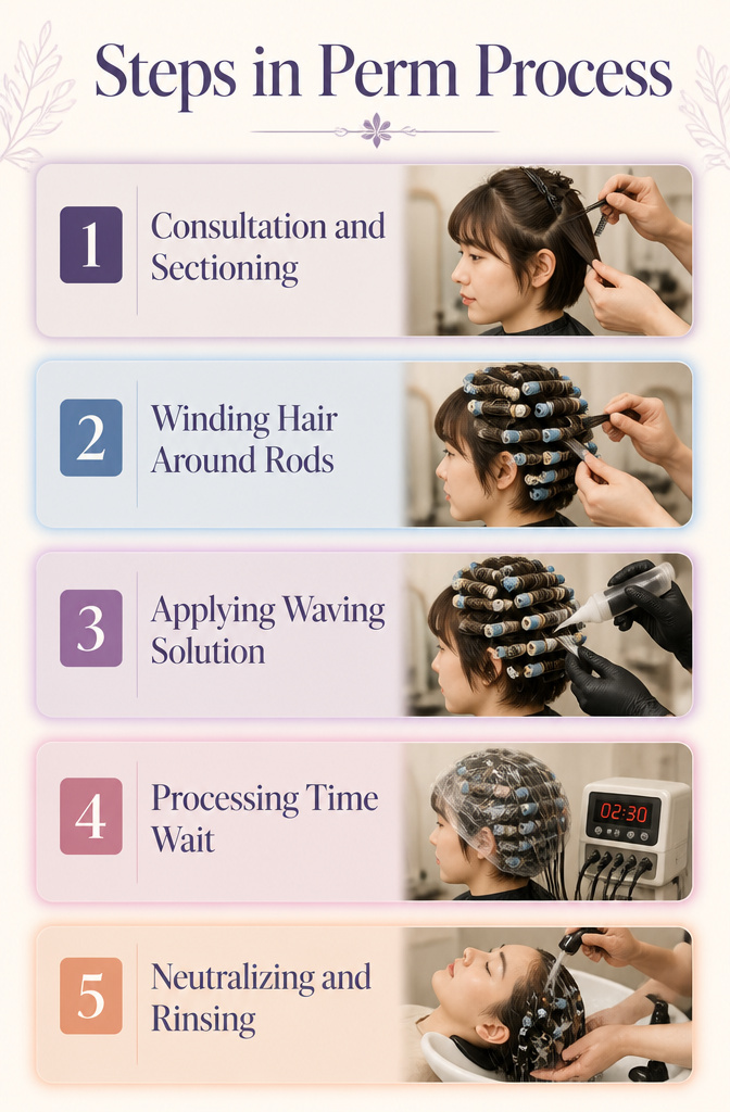 How Much for a Perm? 8 Hair Types and 2026 Prices 12 Visual steps demonstrating the perm process.